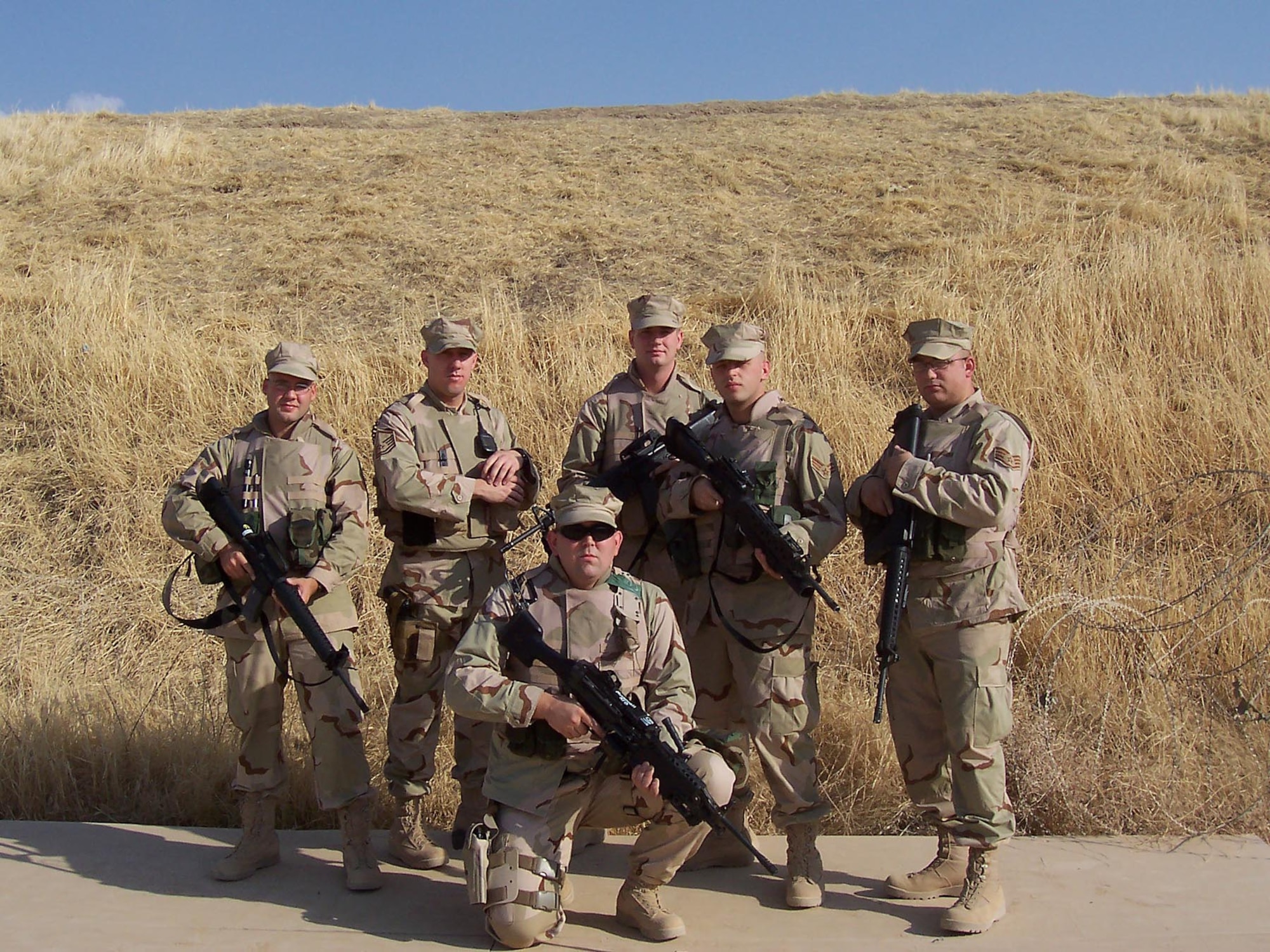 Deployed to Kirkuk Air Base, Iraq: From left to right: Senior Airman Luke Mahoney, Master Sgt. Gary White, Senior Airman Patrick Strange, Staff Sgt. Jared Arrington, Senior Airman Ryan Jarboe and Staff Sgt. Tyrel Askren.