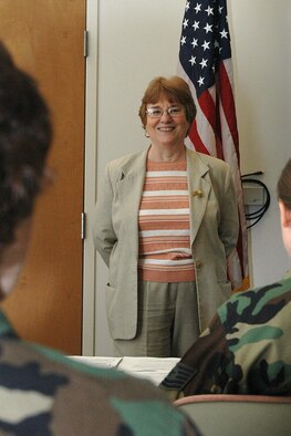 YOUNGSTOWN AIR RESERVE STATION, Ohio - Mrs. Ellen Taylor, the Director of the Rape Information and Counseling Program of Family Service Agency for Trumbull County, Ohio speaks with members of the 910th Airlift Wing during the April unit training assembly.  Her visit was arranged by the wing Sexual Assault Response Coordinator to publicize the fact that April is Sexual Assault Awareness Month. (U.S. Air Force Photo/Tech. Sgt. Ken Sloat)