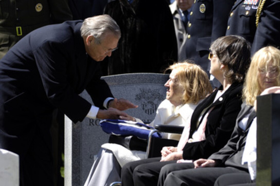 Secretary of Defense Donald H. Rumsfeld expresses his condolences to Jane Weinberger, wife of the late Caspar W. Weinberger, at the funeral for her husband at Arlington National Cemetery in Arlington, Va., on April 4, 2006. Weinberger took office as the 15th defense secretary on Jan. 21, 1981, and served until Nov. 23, 1987, making him the longest serving defense secretary to date. During his tenure in office, Weinberger spearheaded President Ronald Reagan's peacetime military buildup. Weinberger died on March 28, 2006, at the age of 88. 