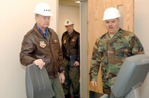 Gen. Ronald Keys, Air Combat Command commander, receives a tour of the McAdoo Sports Center from Master Sgt. Robert Robarge, 5th Services Squadron superintendent March 28. General Keys was accompanied by Chief Master Sgt. David Popp, ACC command chief master sergeant, during his visit to the base.