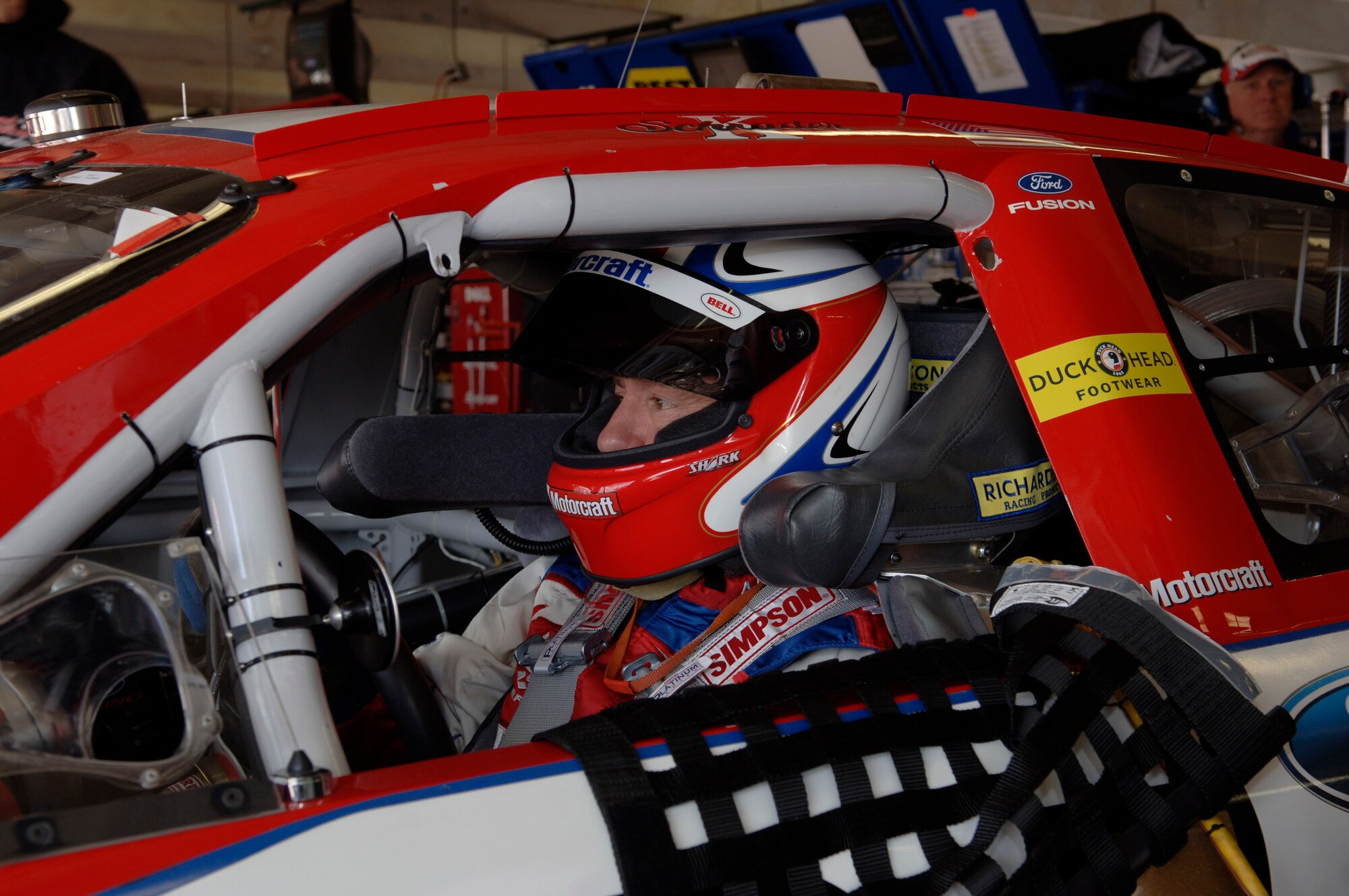 Ken Schrader sits in his NASCAR Nextel Cup Series Air Force number 21 car before the final practice session Saturday, April 8, 2006, for the Samsung/Radio Shack 500 at Texas Motor Speedway.  Schrader started in 32nd position and finished in 16th place. (U.S. Air Force photo/Master Sgt. Michael A. Kaplan)
