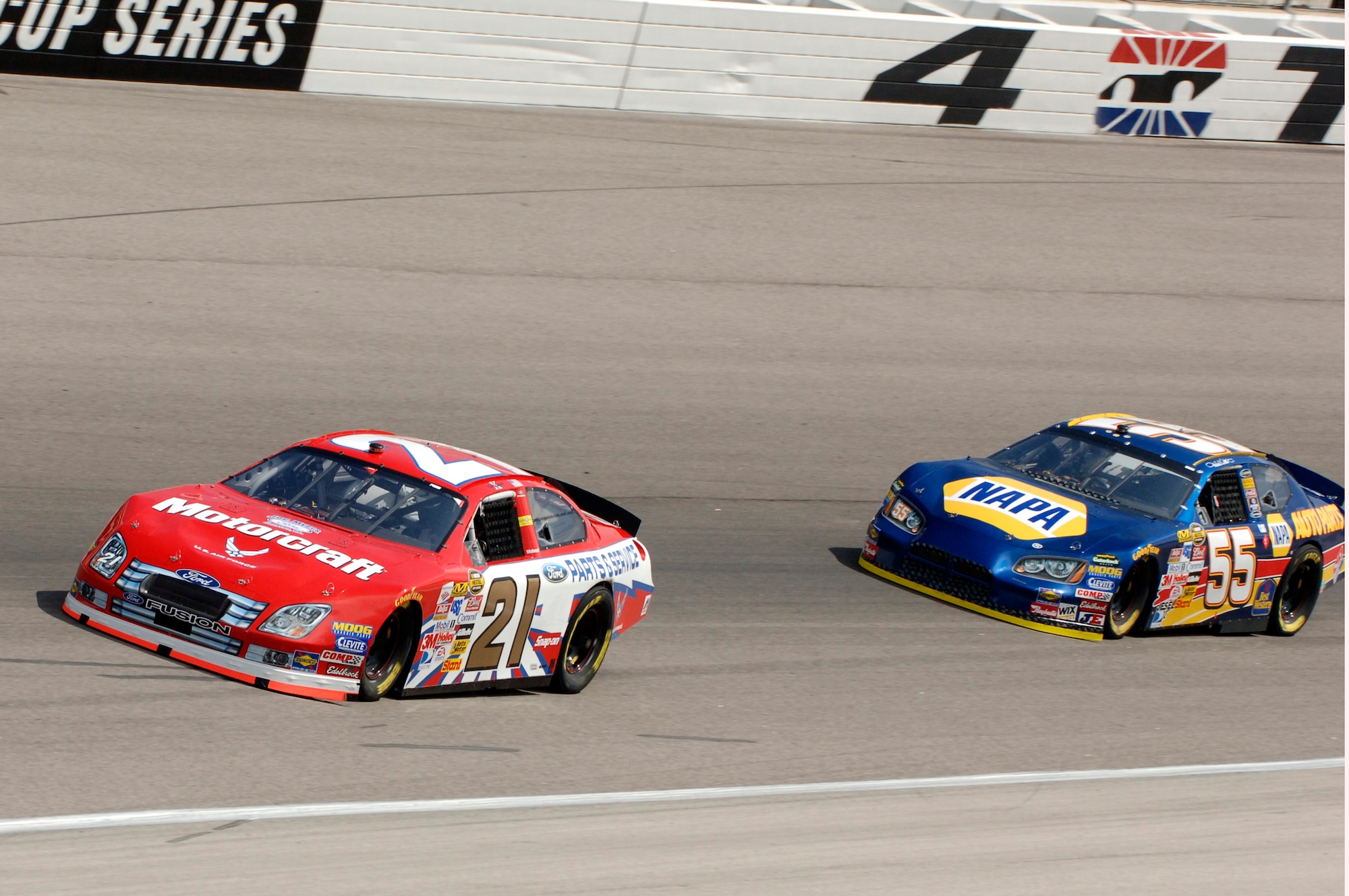 Ken Schrader drives the NASCAR Nextel Cup Series Air Force number 21 car during the final practice session  Saturday, April 8, 2006, in preparation for the Samsung/Radio Shack 500 at Texas Motor Speedway.  Ken Schrader started in 32nd position and finished in 16th place. (U.S. Air Force photo/Master Sgt. Michael A. Kaplan)