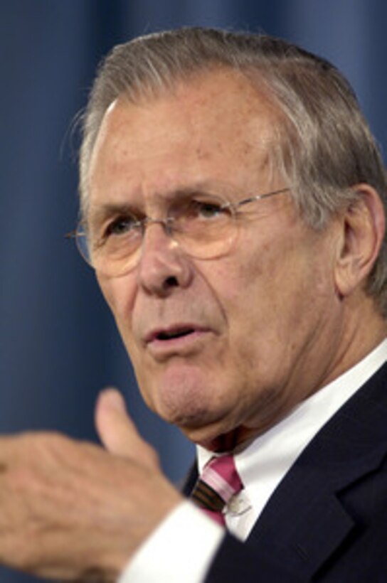 Secretary of Defense Donald H. Rumsfeld responds to a reporter's question during the Pentagon press briefing in Arlington, Va., on April 11, 2006. Rumsfeld and Chairman of the Joint Chiefs of Staff Gen. Peter Pace, U.S. Marine Corps, discussed timelines and prewar planning for Iraq. 