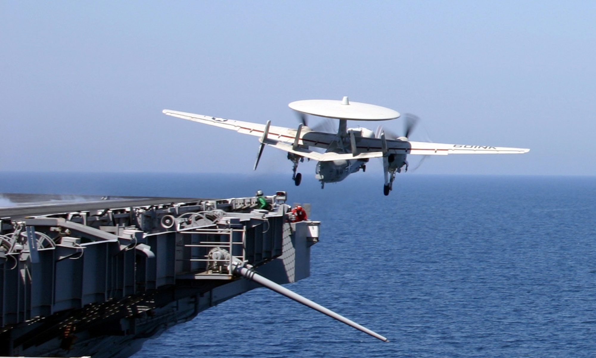 An E-2C Hawkeye launches from the flight deck of the USS Ronald Reagan on Friday, March 31, 2006. The aircraft is deployed to the Arabian Gulf in support of operations Iraqi Freedom and Enduring Freedom. (U.S. Air Force photo/Staff Sgt. Melissa Koskovich) 
