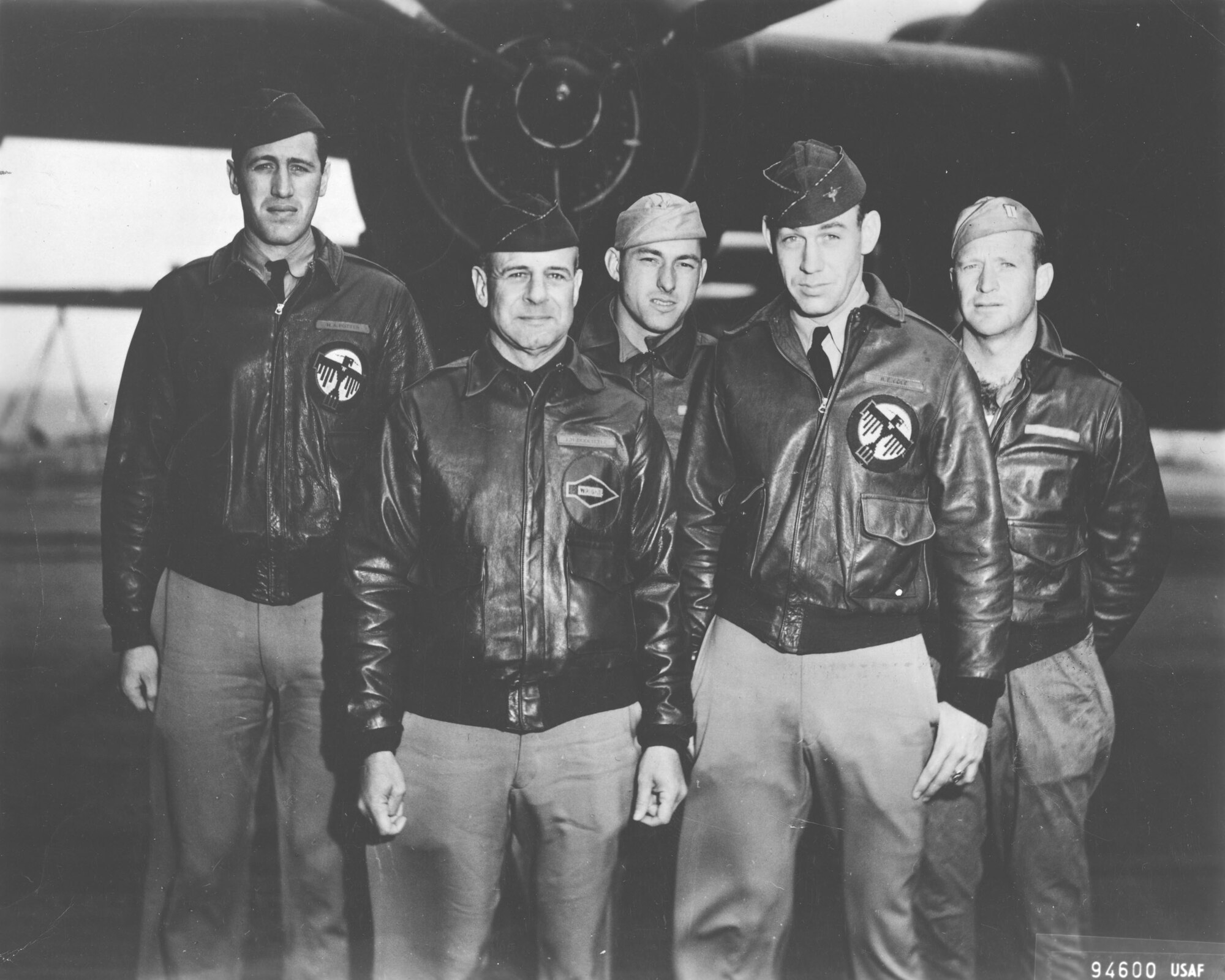 Crew No. 1 (Plane #40-2344, target Tokyo): 34th Bombardment Squadron, front row: Lt. Col. James H. Doolittle, pilot; Lt. Richard E. Cole, copilot; back row: Lt. Henry A. Potter, navigator; Staff Sgt. Fred A. Braemer, bombardier; and Staff Sgt. Paul J. Leonard, flight engineer/gunner. (U.S. Air Force photo)