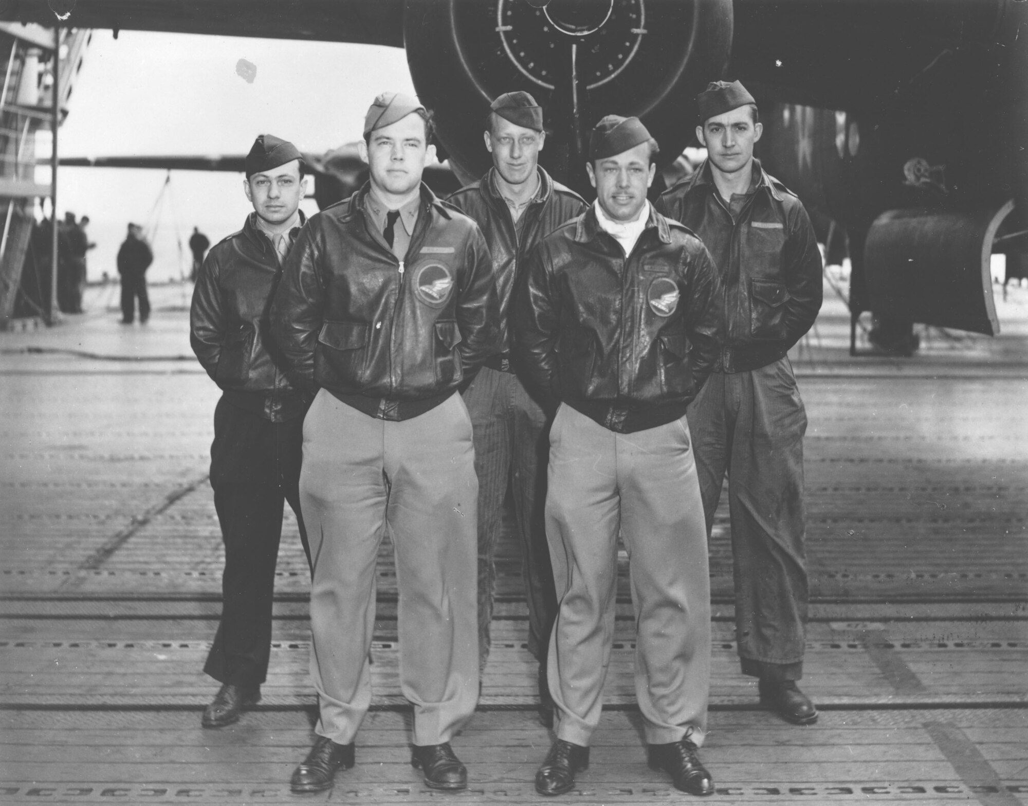 Crew No. 10 (Plane #40-2250, target Tokyo): 89th Reconnaissance Squadron, front row: Lt. Richard O. Joyce, pilot; and Lt. J. Royden Stork, copilot; back row: Lt. Horace E. Crouch, navigator/bombardier; Sgt. George E. Larkin Jr., flight engineer; and Staff Sgt. Edwin W. Horton Jr., gunner. (U.S. Air Force photo)