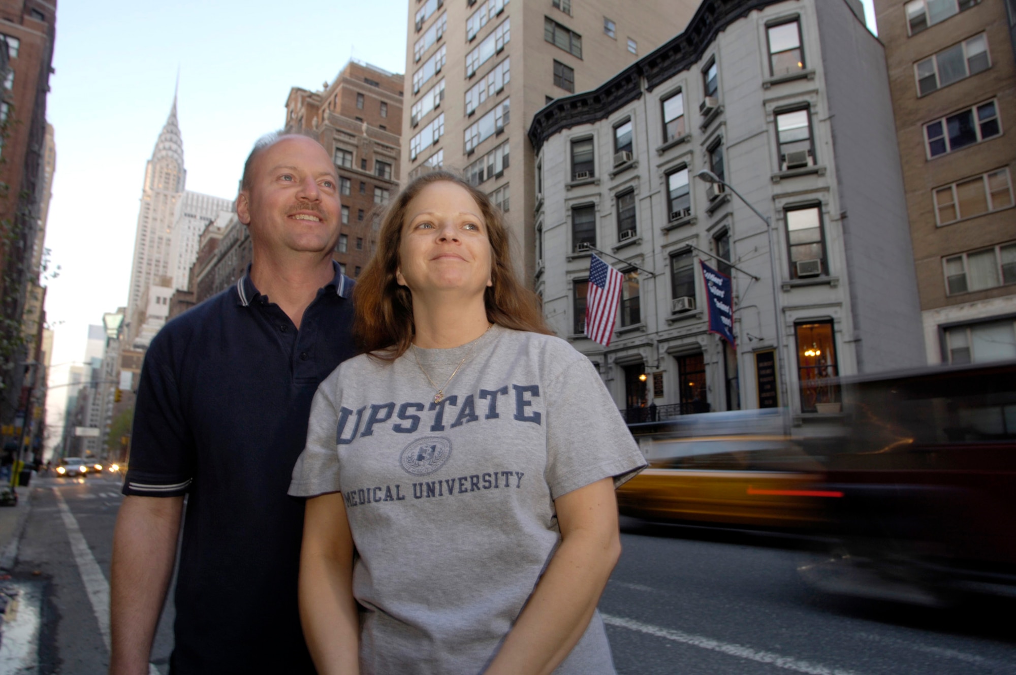 Master Sgt. Brad Dillon and his wife, Connie, were in Manhattan to see their daughter perform at a local museum. The couple stayed at the Soldiers', Sailors', Marines' and Airmen's Club, which is the building in the background with the flags. Sergeant Dillon is a recruiter based in Syracuse, N.Y. (U.S. Air Force photo/Master Sgt. Scott Wagers)
