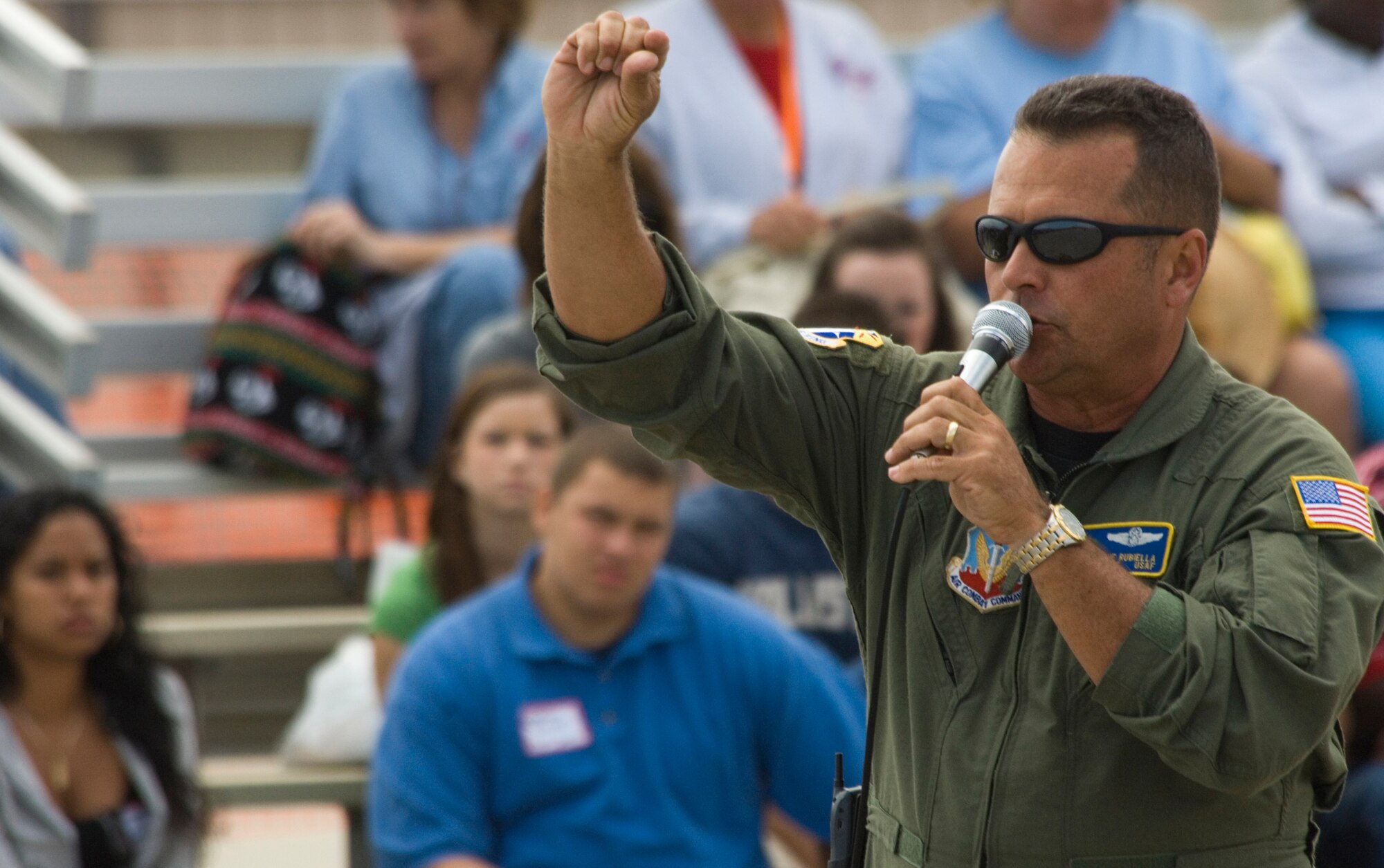 Senior Master Sgt. Rene Rubiella, who lost his daughter, Allie, in an automobile accident in 2005, talks to high school seniors attending Operation NOW events on Tuesday, April 11, 2006, at Patrick Air Force Base, Fla. NOW stands for Not on Our Watch. Sergeant Rubiella, an HC-130 radio operator with the 920th Rescue Wing and Operation NOW coordinator, talked about the loss of his daughter and emphasized the importance of safe driving. (U.S. Air Force photo/Master Sgt. Jack Braden)