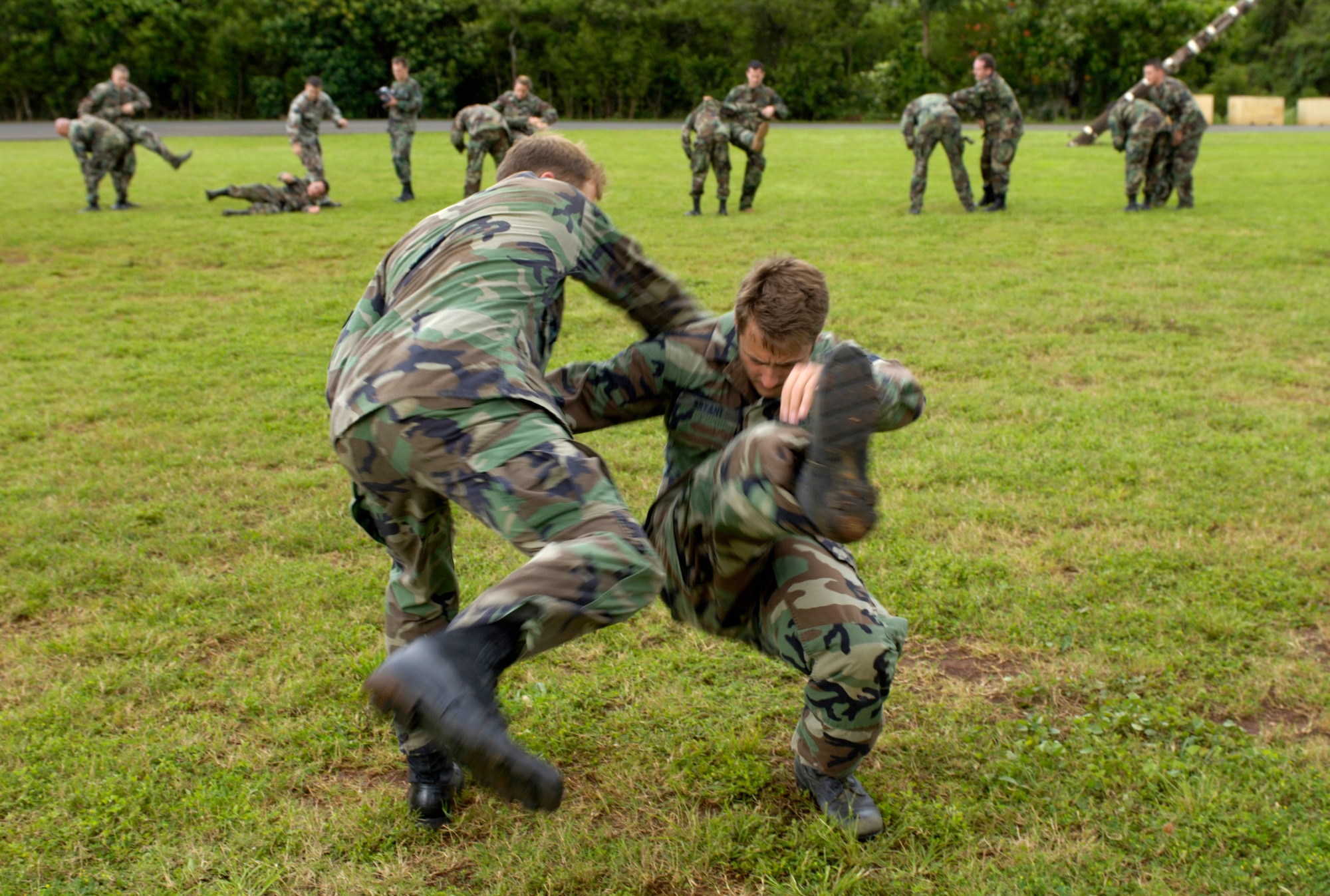 Senior Airman Glenn Wilderman takes down Senior Airman Nathanial Bryant during close-combat skills training on Thursday, April 13, 2006, at Wheeler Army Air Field, Hawaii. Airmen Wilderman and Bryant are tactical air controllers from the 25th Air Support Operations Squadron. (U.S. Air Force photo/Tech. Sgt. Shane A. Cuomo)