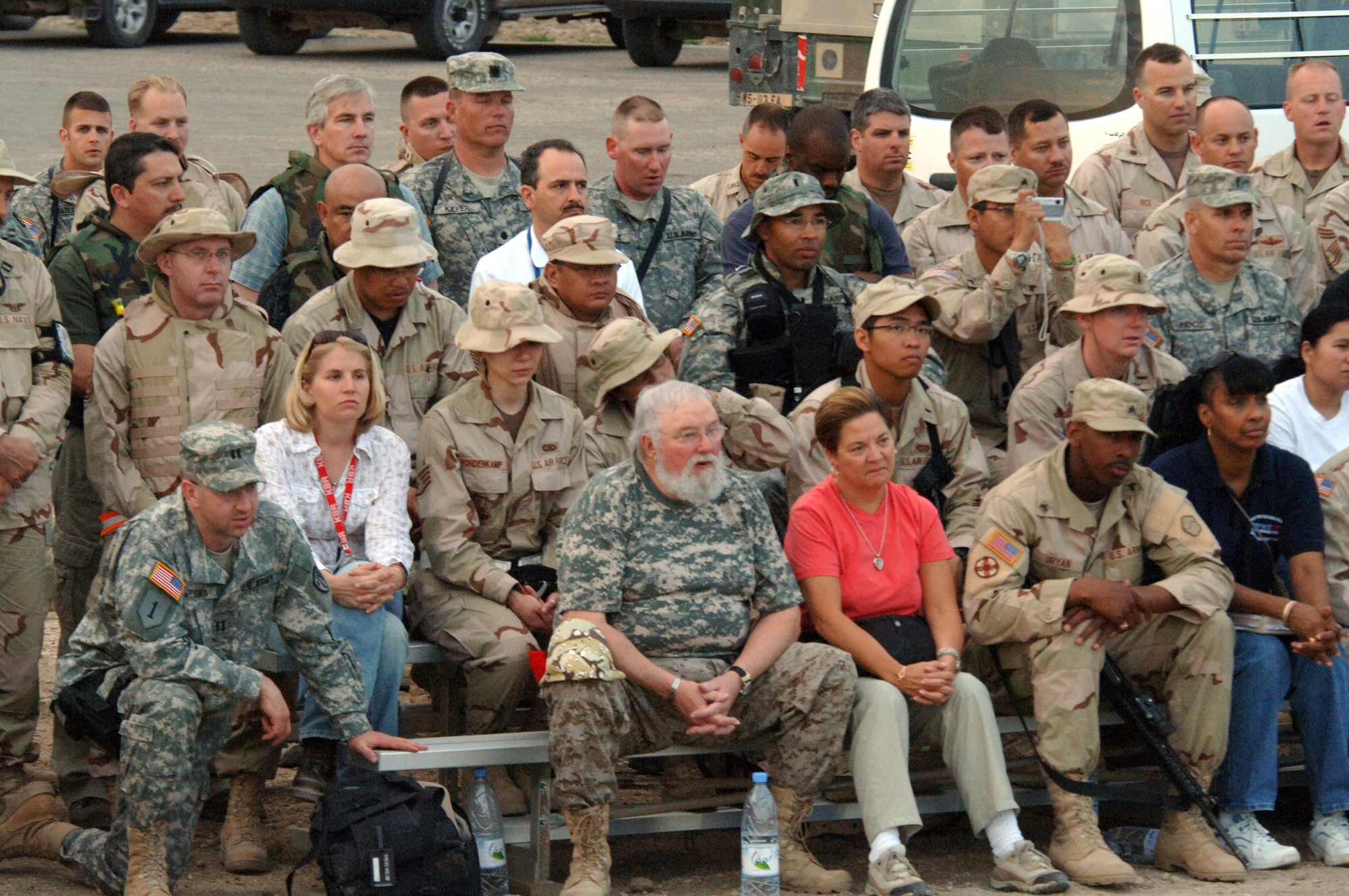 Charlie Daniels (center) and members of his band attend Easter service at the House of Abraham in Ur, Iraq, along with servicemembers from Ali Base, Iraq, on Sunday, April 16, 2006. Abraham is considered by religious scholars to be the father of three religions: Islam, Judaism and Christianity. Mr. Daniels and his band are on tour entertaining troops throughout the region. (U.S. Air Force photo/Staff Sgt. Valerie Smith)