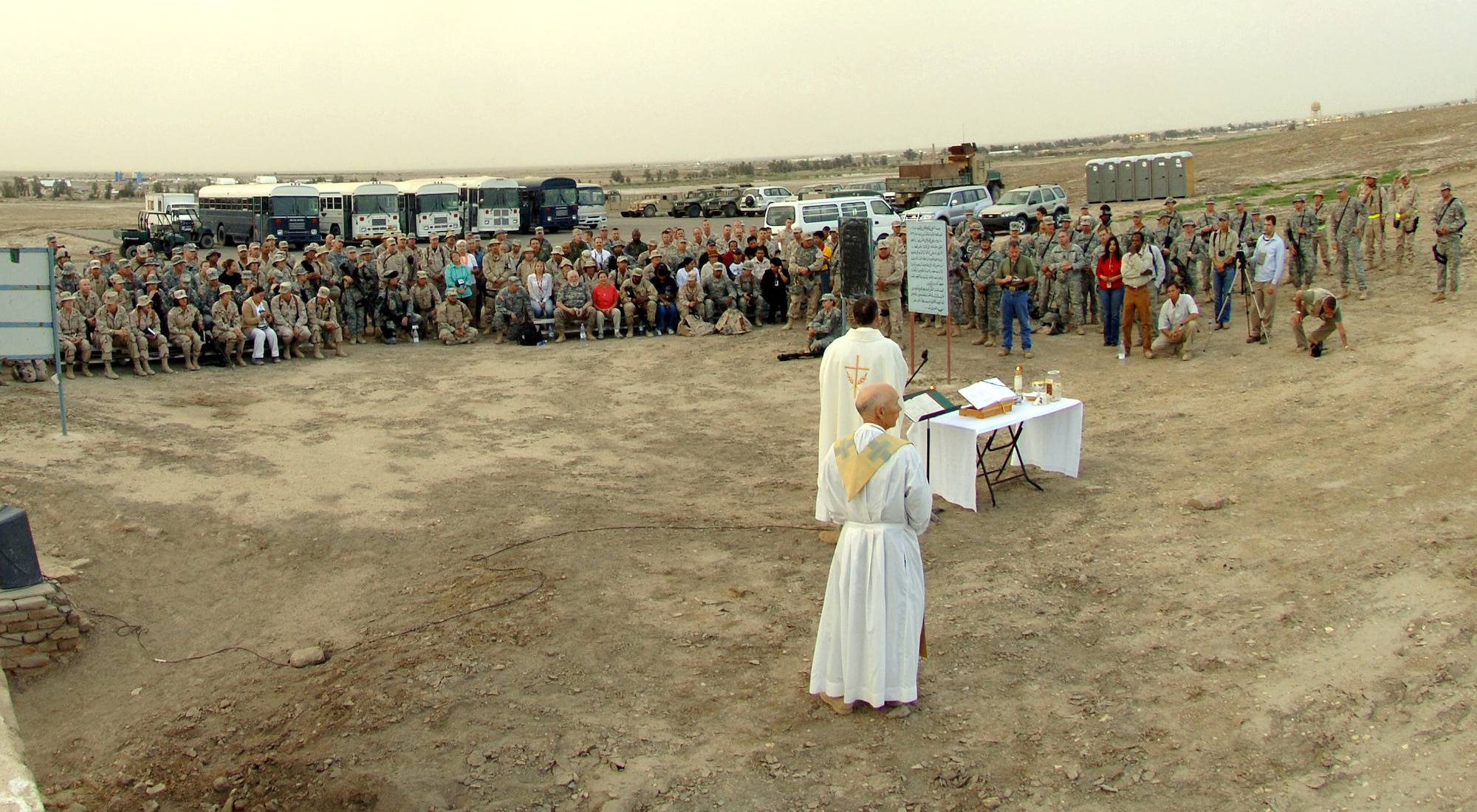 Troops from Ali Base, Iraq, attend Easter services at the House of Abraham in the ancient city of Ur, Iraq, on Sunday, April 16, 2006. Abraham is considered by religious scholars to be the father of three religions: Islam, Judaism and Christianity. (U.S. Air Force photo/Staff Sgt. Valerie Smith) 
