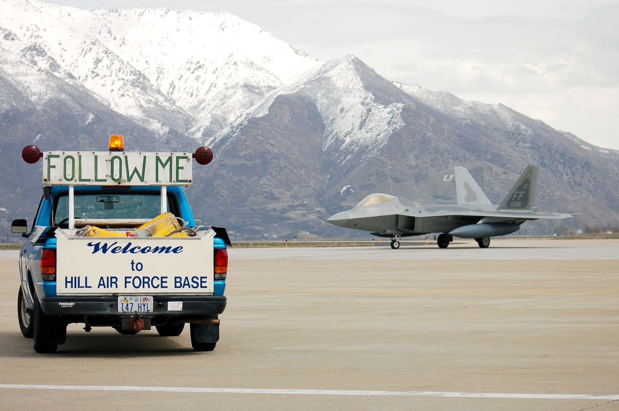 An F-22A Raptor arrives at Hill Air Force Base, Utah, on Sunday, April 9, 2006, for minor modifications. Members of the 309th Maintenance Group will modify this, the first of 18 F-22s that will receive various modifications at Hill. (U.S. Air Force photo/Bill Orndorf)

