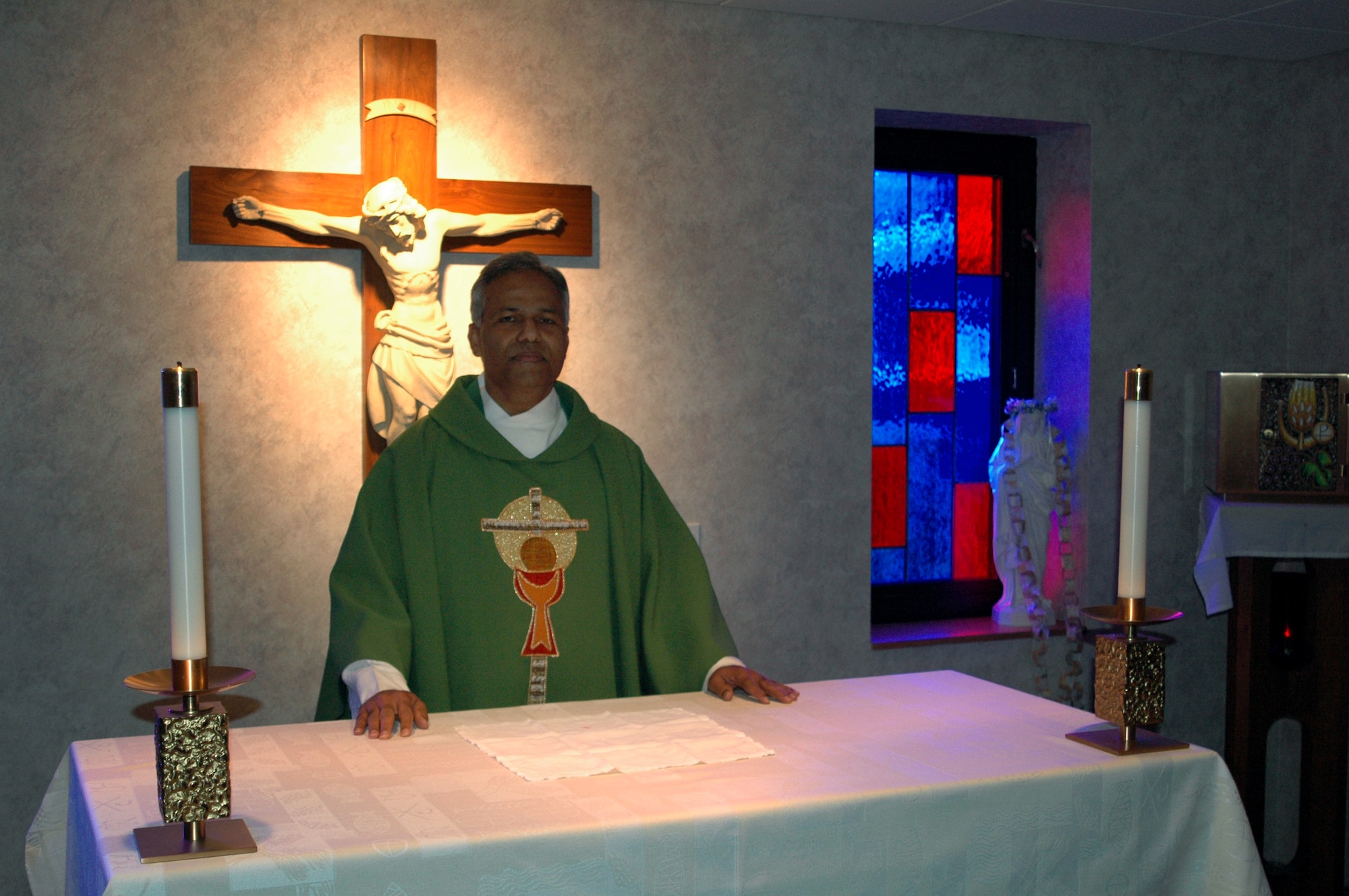 Chaplain George George is the new Catholic chaplain at Fairchild. He brings with him approximately 20 years in the ministry, eight while active duty Air Force. He grew up in India and moved to the United States when he was 24. (U.S. Air Force photo by Staff Sgt. Nathan Gallahan.)