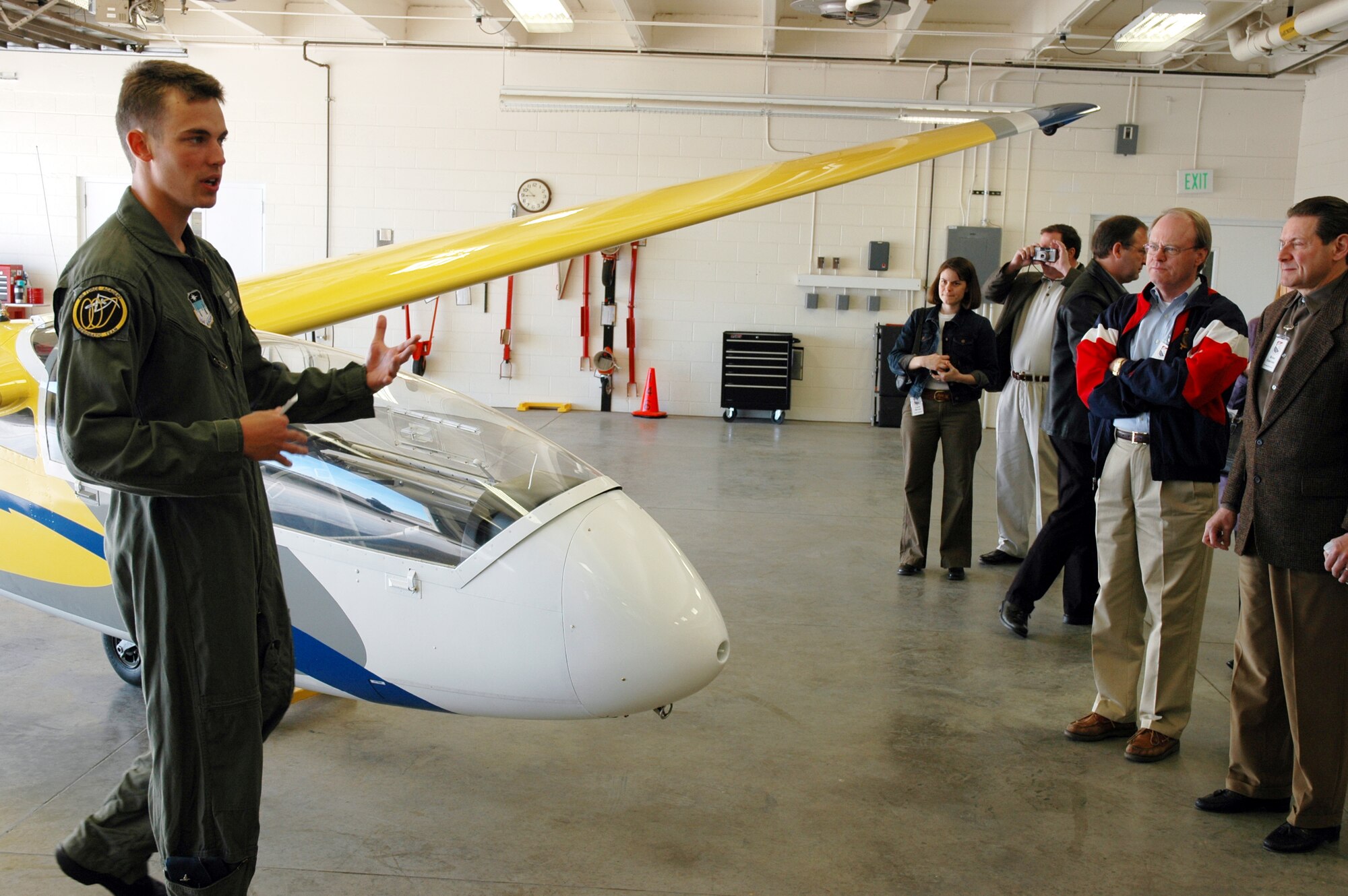 Minneapolis Saint Paul Civic Leaders learn about the soaring program at the United States Air Force Academy from one of the Academy Cadet instructors.