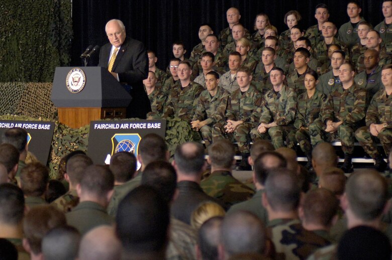 Vice President Richard B. Cheney addresses a crowd of more than 600 servicemembers and community members during a visit to Fairchild Air Force Base, Wash., on Monday, April 17, 2006. The vice president highlighted the role Fairchild plays in the war on terrorism and thanked the troops for their contributions and sacrifices. (U.S. Air Force photo/Staff Sgt. Laura K. Smith)