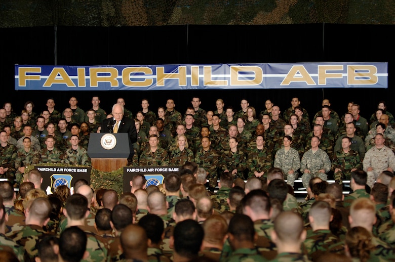 Vice President Richard B. Cheney addresses a crowd of more than 600 servicemembers and community members during a visit to Fairchild Air Force Base, Wash., on Monday, April 17, 2006. The vice president highlighted the role Fairchild plays in the war on terrorism and thanked the troops for their contributions and sacrifices. (U.S. Air Force photo/Staff Sgt. Laura K. Smith)
