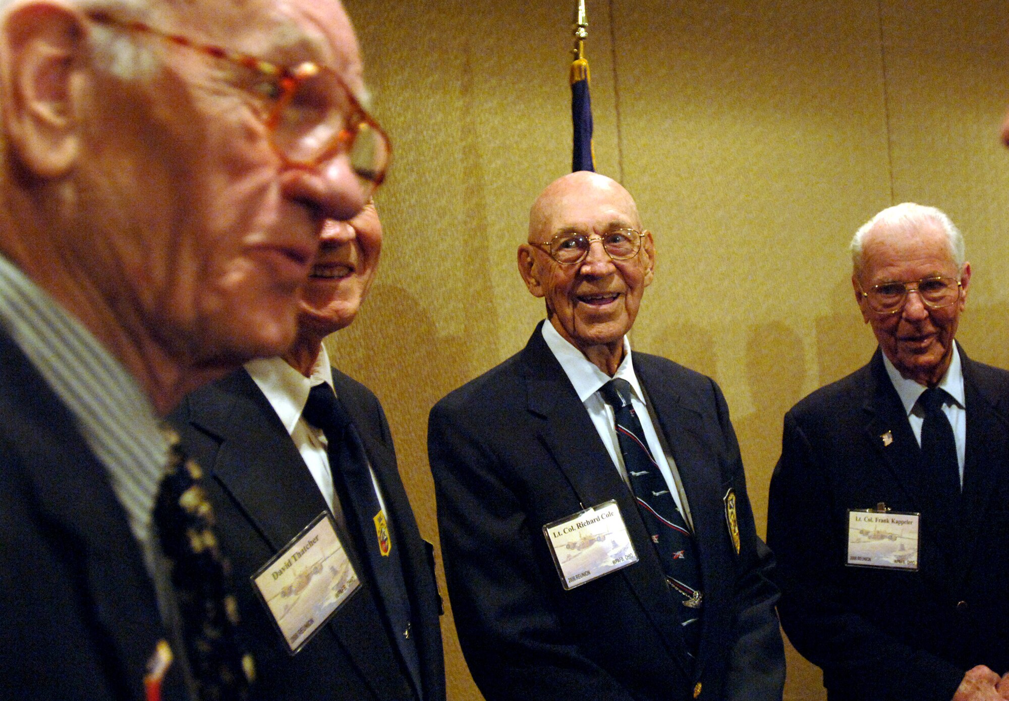 (Left to right) Tom Griffin, David Thatcher, Dick Cole and Frank Kappeler, four of the remaining 16 Doolittle Raiders, joke with attendees at the group's 64th reunion in Dayton, Ohio, on Tuesday, April 18, 2006. (U.S. Air Force photo/Tech. Sgt. Cecilio M. Ricardo Jr.)
