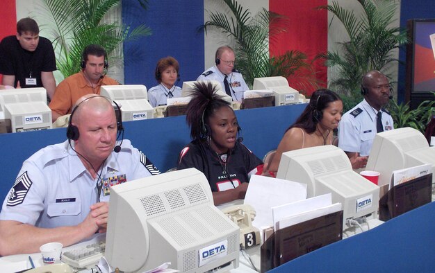 Several members of the 507th ARW, including Chief Master Sgt. John Beasley, left, and Master Sgt. Clifton Howard, far right, volunteered to work at the Oklahoma Educational Television Authority telethon recently. In a six-hour period the 17 volunteers helped raise more than $29,000. 
"After starting off a little slow, everyone got into the swing of things and we had a great time," said Sergeant Howard, 72nd Aerial Port Squadron and volunteer organizer. "I appreciate everyone who took the time to come out and help us out on their Saturday. Hopefully we will have an even bigger crew next year," he said.