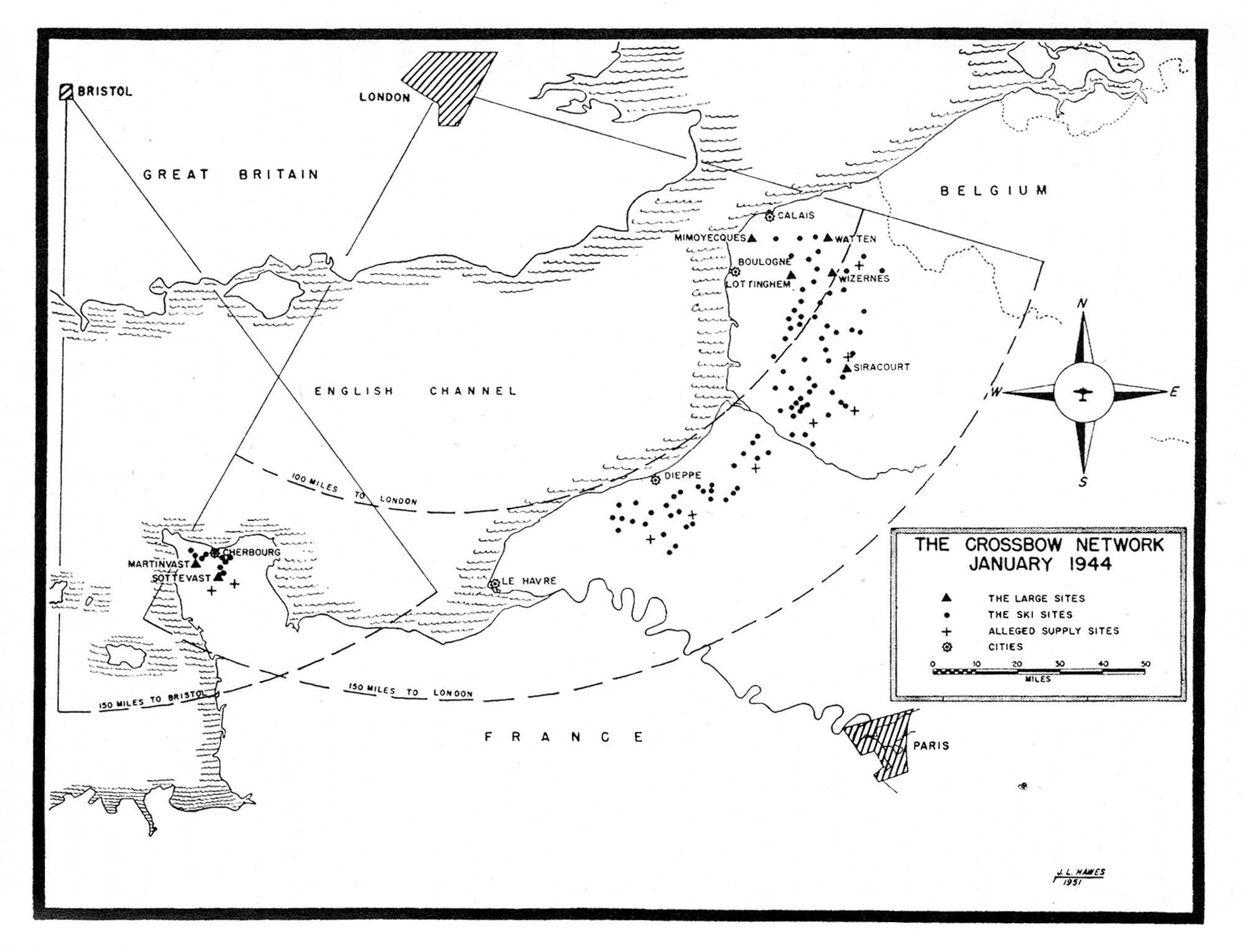 A World War II map shows the two areas where the Germans were setting up their secret  "V" weapons to bombard England (right, center). These are the areas in which the Royal Air Force and 8th Air Force heavy bombers concentrated their bombs in order to knock out the weapons -- part of the pre-invasion plan. This event was given the operational code name Crossbow during World War II. The grouping (left, center) is the site of the Invasion of Normandy.
