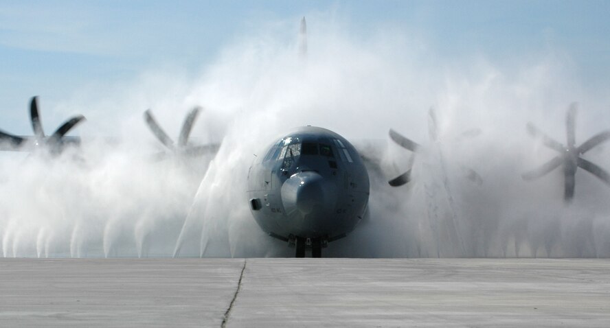 KEESLER AIR FORCE BASE, Miss. -- Aircraft assigned to the Air Force Reserve Command's  403rd Wing now have a new purpose-built wash system designed specifically for the weather reconnaissance and airlift missions. The 815th Airlift and 53rd Weather Reconnaissance Squadrons fly many hours over the Gulf of Mexico. Salt and moisture could lead to corrosion without a system for keeping the aircraft clean. The new wash blasts each J-model with 2,000 gallons of water per minute, emitting 150 pounds of pressure from each of its 40 nozzles. (U.S. Air Force photo/Tech Sgt. Jame Pritchett) 

