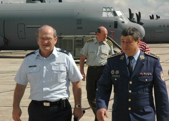 Brig. Gen. Rich Moss, commander, 403rd Wing, gives a tour of his fleet of C-130J aicraft to Brig. Gen. Juraj Baranek, chief of the Slovak air force, and other senior representatives from the Ministry of Defense of the Slovak Republic. The delegation, led by Lt. Gen. L'ubomir Bulik, chief of the general staff, Armed Forces of the Slovak Republic traveled here to learn more about the C-130J aicraft and the capabilities, military requirements and costs necessary to support a fully operational C-130J Wing. The group travels to Dobbins Air Reserve Base, Ga. for a visit with the 94th Airlift Wing and Lockheed Martin, manufacturer of the C-130J.