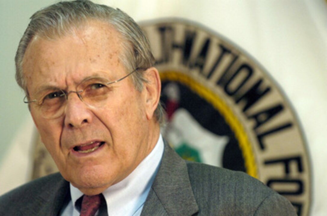 Secretary of Defense Donald H. Rumsfeld speaks to the press after a meeting with Commanding General, Multi-National Force Iraq Gen. George Casey Jr. at the U.S. Embassy in Baghdad, Iraq, on April 26, 2006. Rumsfeld and Secretary of State Condoleezza Rice will meet jointly with Iraq's newly designated Prime Minister Jawad al-Maliki. Rumsfeld will also visit with some troops. 