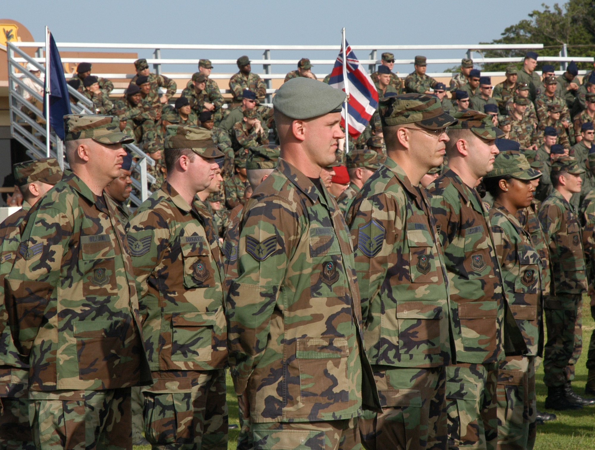 Members of the 353rd Special Operations Group at Kadena Air Base, Japan, stand in formation during a retreat in memory of the eight service members who were killed during Operation Eagle Claw 26 years ago.                            
