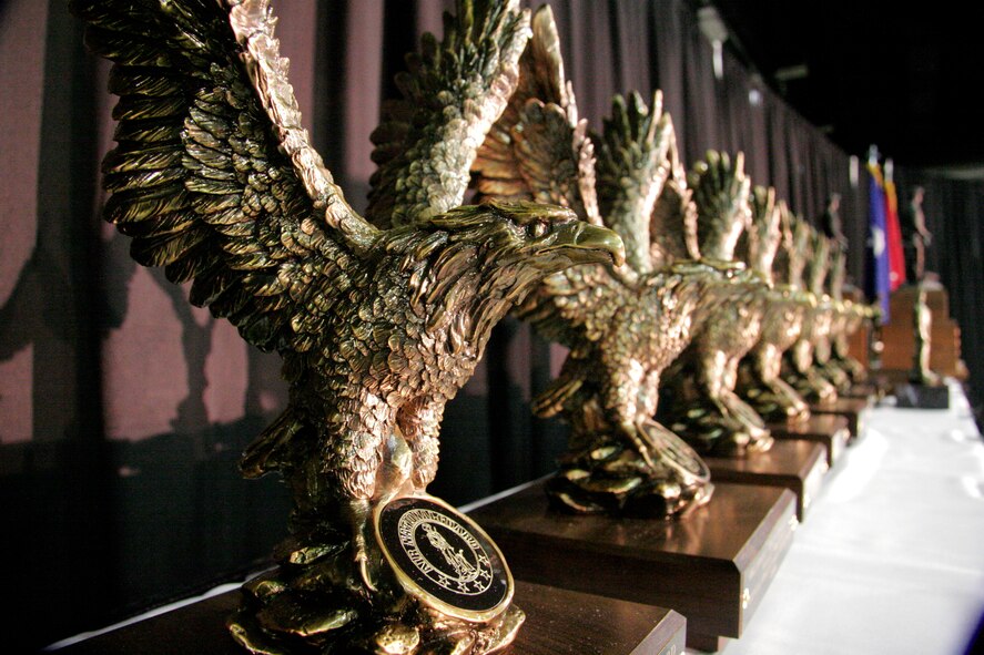 Awards are lined up waiting to be presented to their recipients during the National Guard Association of Oklahoma's Military Ball in Oklahoma City on Saturday, April 22, 2006. More than 500 people attended the annual event. (U.S. Air Force photo/Tech. Sgt. Mark Moore)