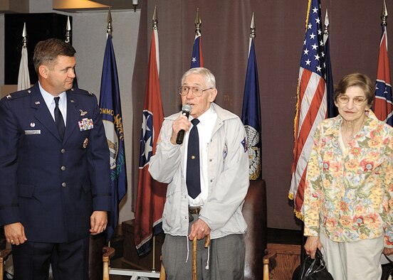 CANNON AIR FORCE BASE, N.M. - Retired Marine 1st Sgt. Robert Simmons, who was inducted into the Cannon Airman Leadership School's Wall of Heroes April 14, recalls his experiences during his 20-year career in the military which included service in the Korean War. Mr. Simmons spoke at the ALS shortly before he became the 13th member of the  Wall of Heroes. (U.S. Air Force photo by Staff Sgt. April Wickes)