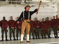 Tech. Sgt. David Larrison, 91st Operations Squadron and Teddy Roosevelt impersonator, rallies his fellow Rough Riders at the 2006 Guardian Challenge kickoff April 20. (U.S. Air Force Base photo by photo by Airman Cassandra Butler)                         