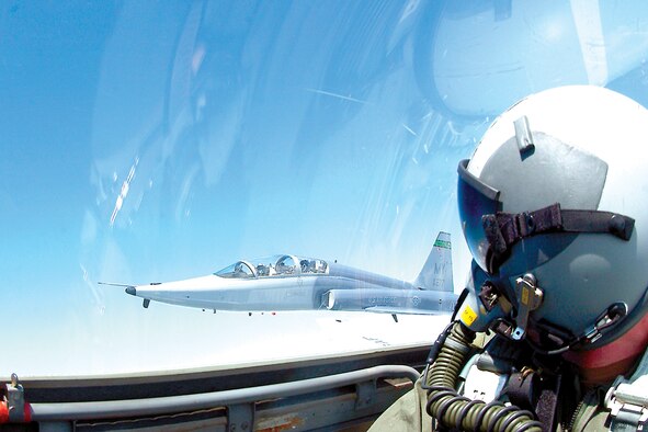 MOODY AIR FORCE BASE, Ga. - Two T-38’s from the 435th Fighter Training Squadron here fly in formation. The 435th FTS performed aggressor training with the South Carolina Air National Guard's 169th Fighter Wing recently. Two T-38s from the 435th FTS simulated “bad guys” against F-16s from the 169th FW.  (Courtesy photo)                               