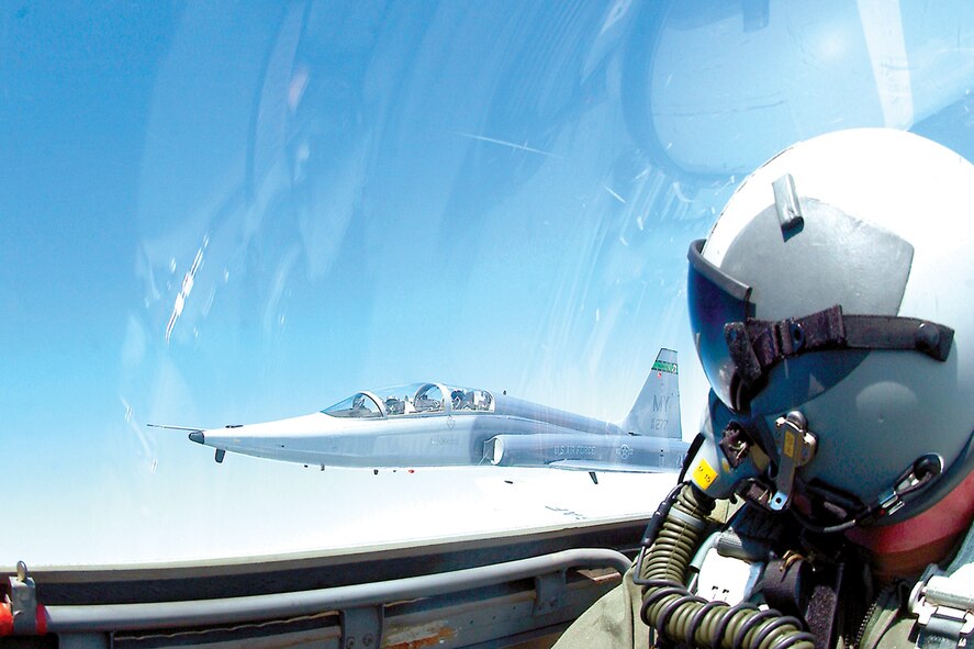 MOODY AIR FORCE BASE, Ga. - Two T-38’s from the 435th Fighter Training Squadron here fly in formation. The 435th FTS performed aggressor training with the South Carolina Air National Guard's 169th Fighter Wing recently. Two T-38s from the 435th FTS simulated “bad guys” against F-16s from the 169th FW.  (Courtesy photo)                               