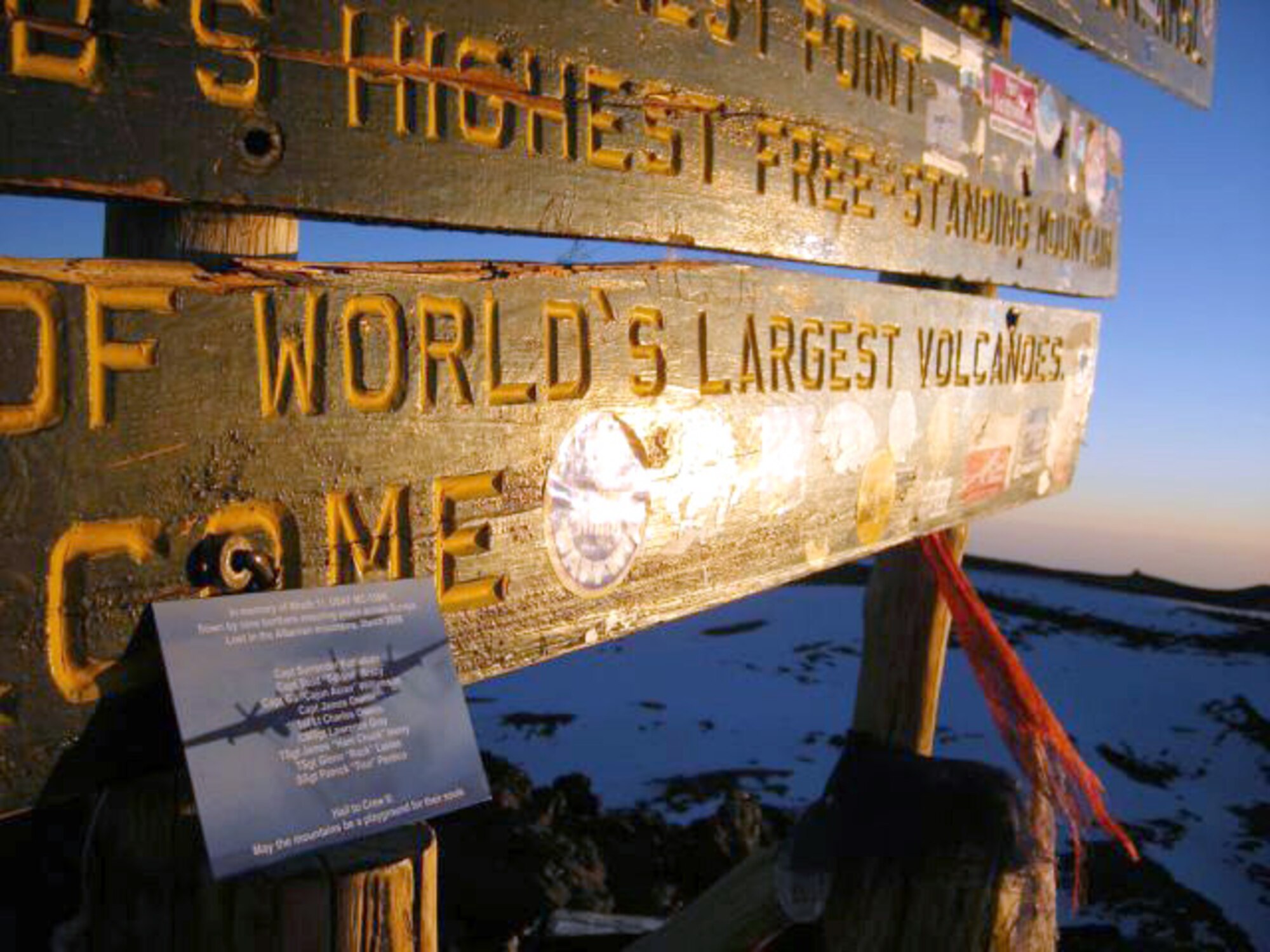 The Seven Summits Challenge team left a plaque on the summit of Mount Kilimanjaro dedicated to the memory of the crew of Wrath 11, Special Operations Airmen who lost their lives in an aircraft accident in Albania in March 2005.  The summit is the highest point in the Special Operations Command European area of responsibilty.  The plaque reads, "May the mountains be a playground for their souls." (Courtesy photo/Capt. Rob Marshall) 