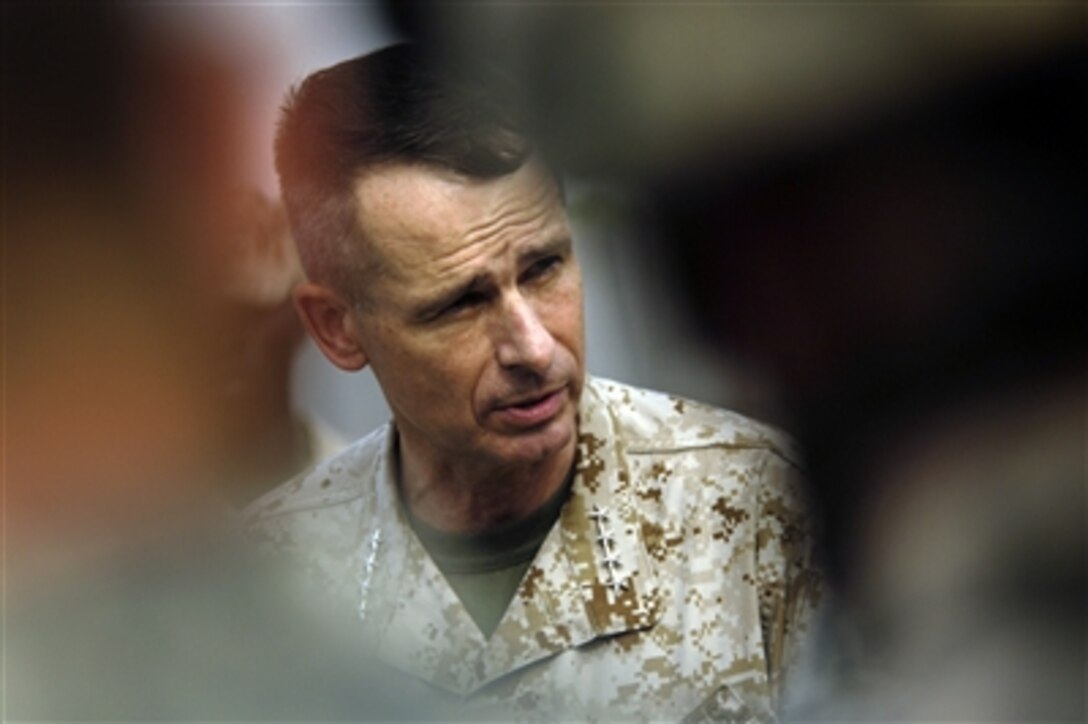 Chairman of the Joint Chiefs of Staff Gen. Peter Pace, U.S. Marine Corps, talks to soldiers deployed at Camp Salerno, Afghanistan, on July 28, 2006.  Pace is in Afghanistan to meet with the troops deployed there and Afghan, coalition and NATO officials.  