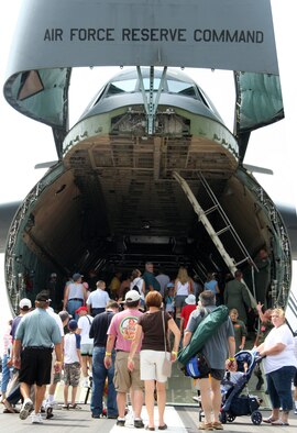 Dayton International Airport -- An estimated 80,000 spectators visited the Dayton Air Show July 29 and 30.  Thousands of them walked through the C-5 Galaxy aircraft and talked to aircrew and aeromedical members onboard about their mission.  (U.S. Air Force Reserve Photo by Maj. Ted Theopolos).