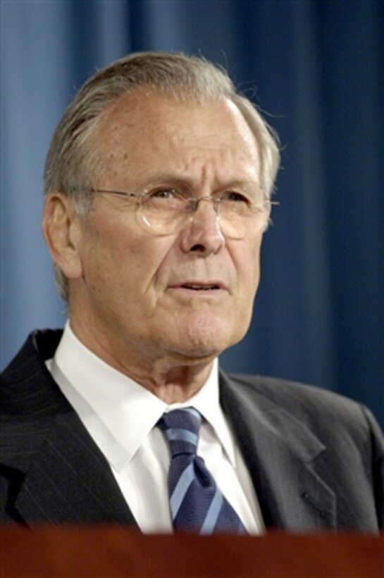 Secretary of Defense Donald H. Rumsfeld comments about the current situation in Iraq during a press briefing in the Pentagon in Arlington, Va., on Aug. 2, 2006. Rumsfeld and Chairman of the Joint Chiefs of Staff Gen. Peter Pace, U.S. Marine Corps, discussed readiness, troop deployments and sectarian violence in Iraq.  