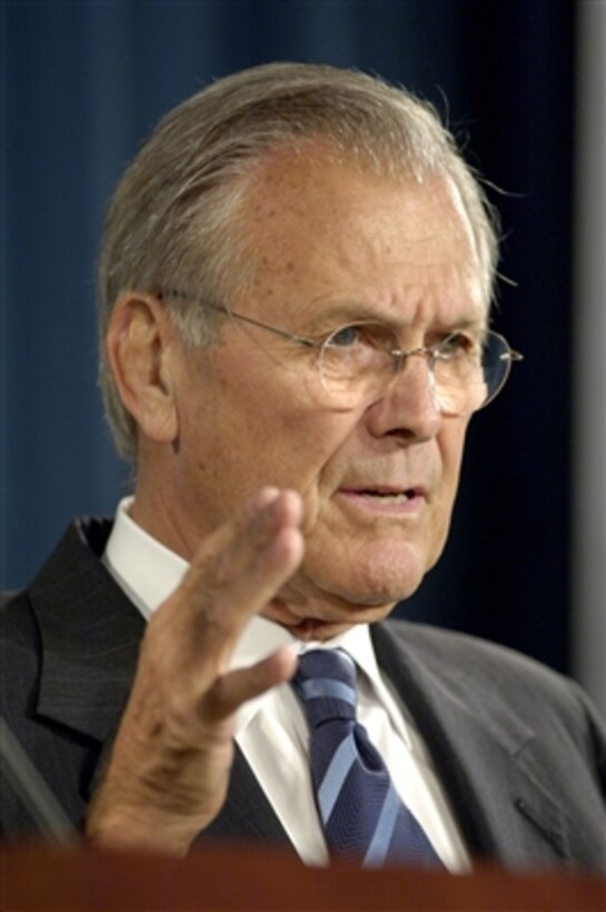 Secretary of Defense Donald H. Rumsfeld comments about the current situation in Iraq during a press briefing in the Pentagon in Arlington, Va., on Aug. 2, 2006. Rumsfeld and Chairman of the Joint Chiefs of Staff Gen. Peter Pace, U.S. Marine Corps, discussed readiness, troop deployments and sectarian violence in Iraq.  
