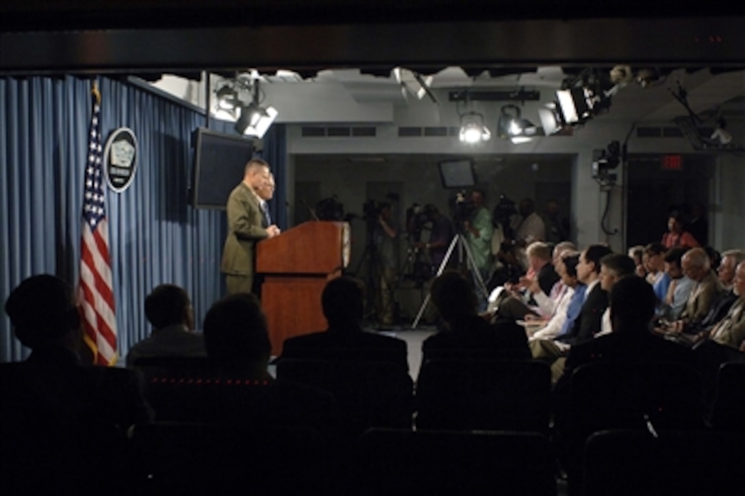 Secretary of Defense Donald H. Rumsfeld and Chairman of the Joint Chiefs of Staff Gen. Peter Pace, U.S. Marine Corps, conduct a Pentagon press briefing on Aug. 2, 2006.  