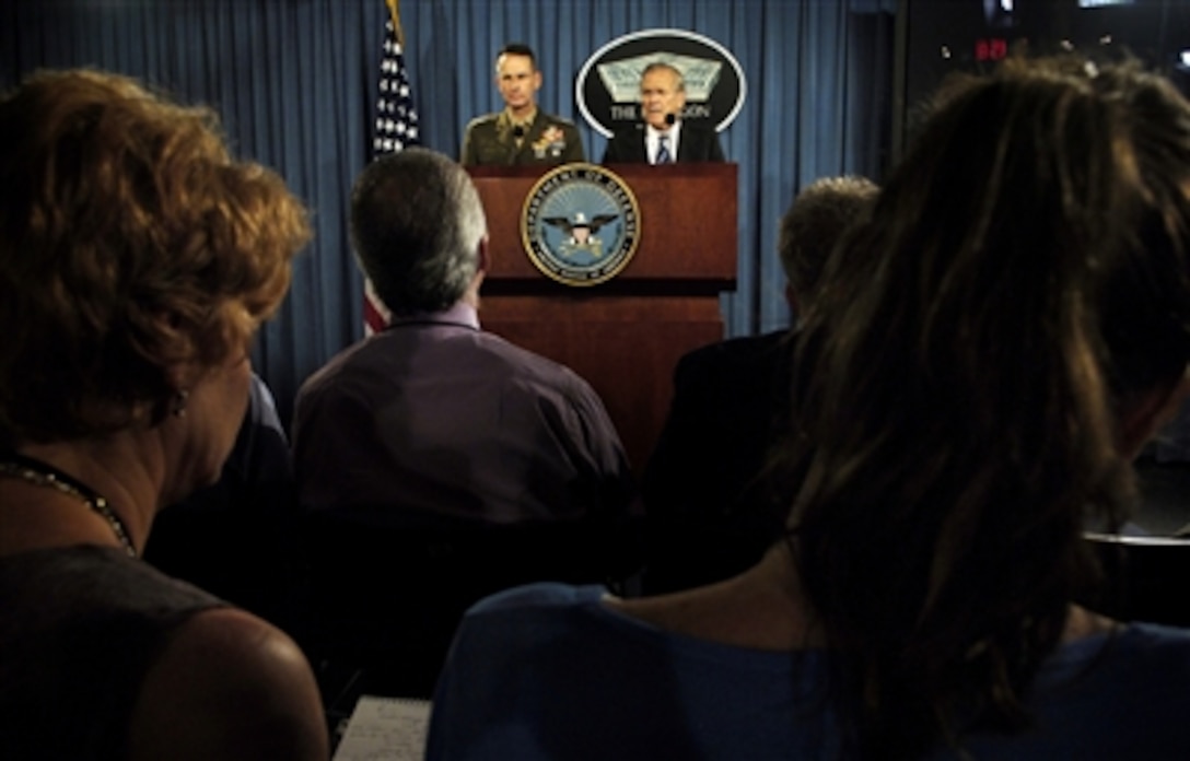 Defense Secretary Donald H. Rumsfeld (right) and Chairman of the Joint Chiefs of Staff U.S. Marine Corps Gen. Peter Pace hold a press conference at the Pentagon, Aug. 2, 2006.  