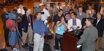 MARIETTA, Ga. -- General Paul V. Hester, Pacific Air Forces commander, addresses media during a ceremony at the Lockheed Martin aircraft assembly plant for the unveilling of PACAF's new F-22. The F-22s will be assigned to Elmendorf Air Force Base, Alaska. (Photo by John Rossino)