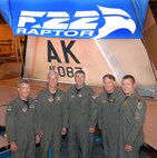 MARIETTA, Ga. -- From left to right -- Brigadier General Hawk Carlisle, 3rd Wing commander, Lieutenant General Douglas Fraser, Commander, Alaskan Command, General Paul V. Hester, Pacific Air Forces commander, Lieutenant General John Bradley, Commander, Air Force reserve Command, and Lt. Col. Mike Shower, PACAF' first F-22 squadron commander, stand in front of PACAF's first new F-22 after it's unveilling. The first of several new Pacific Air Forces F-22s was unveilled 3 August at the Lockheed Martin aircraft assembly plant.  Pacific Air Forces F-22s will be assigned to Elmendorf Air Force Base, Alaska.  (Photo by John Rossino)