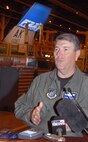 MARIETTA, Ga. -- General Paul V. Hester, Pacific Air Forces commander, addresses media over the new F-22s being assigned to PACAF.  The ceremony unveilled the new tail-flash for F-22 aircraft which will be assigned to Elmendorf Air Force Base, Alaska.  (Photo by John Rossino)