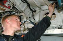 Airman 1st Class Nicholas Page, a 421st Fighter Squadron crew chief, completes a morning walk-around before a flight.