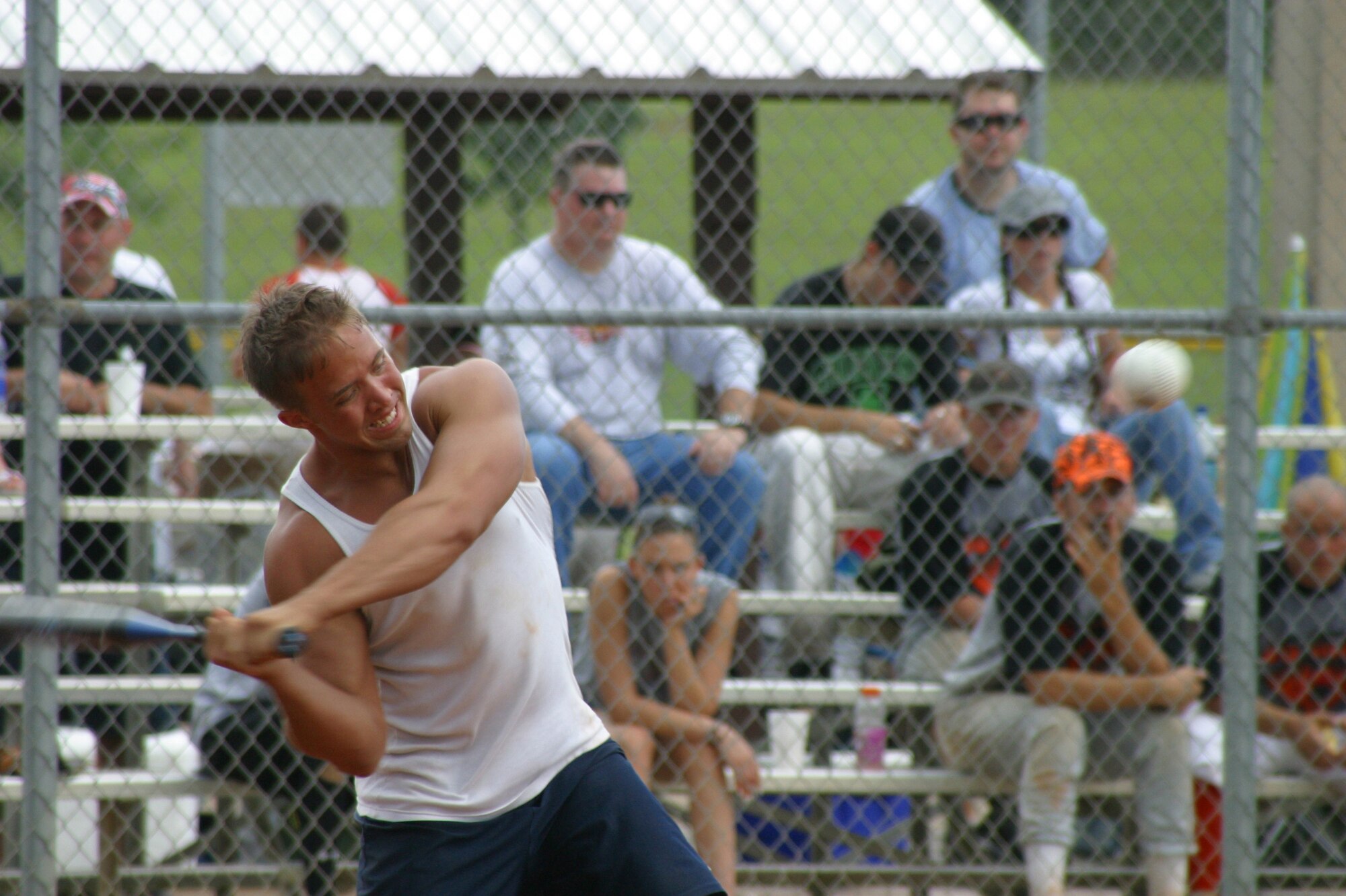 John Cook muscles a homerun at the AMMO Bowl softball tournament Saturday and Sunday at Panama City, Fla. Cook was one of two Pope players to score a homerun. (U.S. Air Force photo/Senior Airman Cassandra Locke)