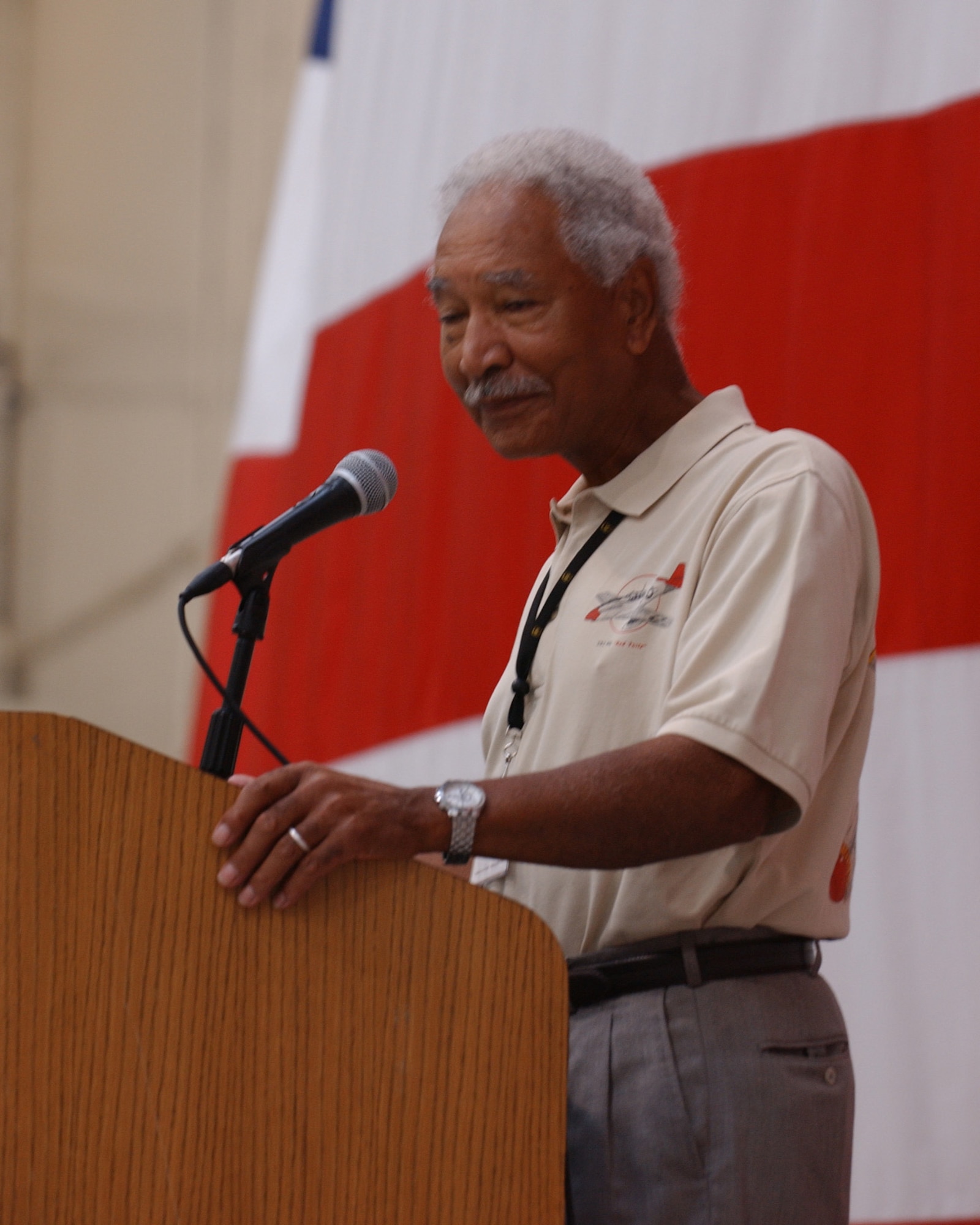 Lt. Col. Robert "Bob" Ashby thanks the 944th Fighter Wing for the memorial. "The Tuskegee Airmen are deeply grateful for the honor the 944th Fighter Wing has bestowed upon us by the dedication of the memorial park with the beautiful red tail F-16," he said. "But more important is that the Air Force has people caring and carrying on the legacy that was started years ago." (U.S. Air Force photo/Senior Airman Christopher Hummel)               