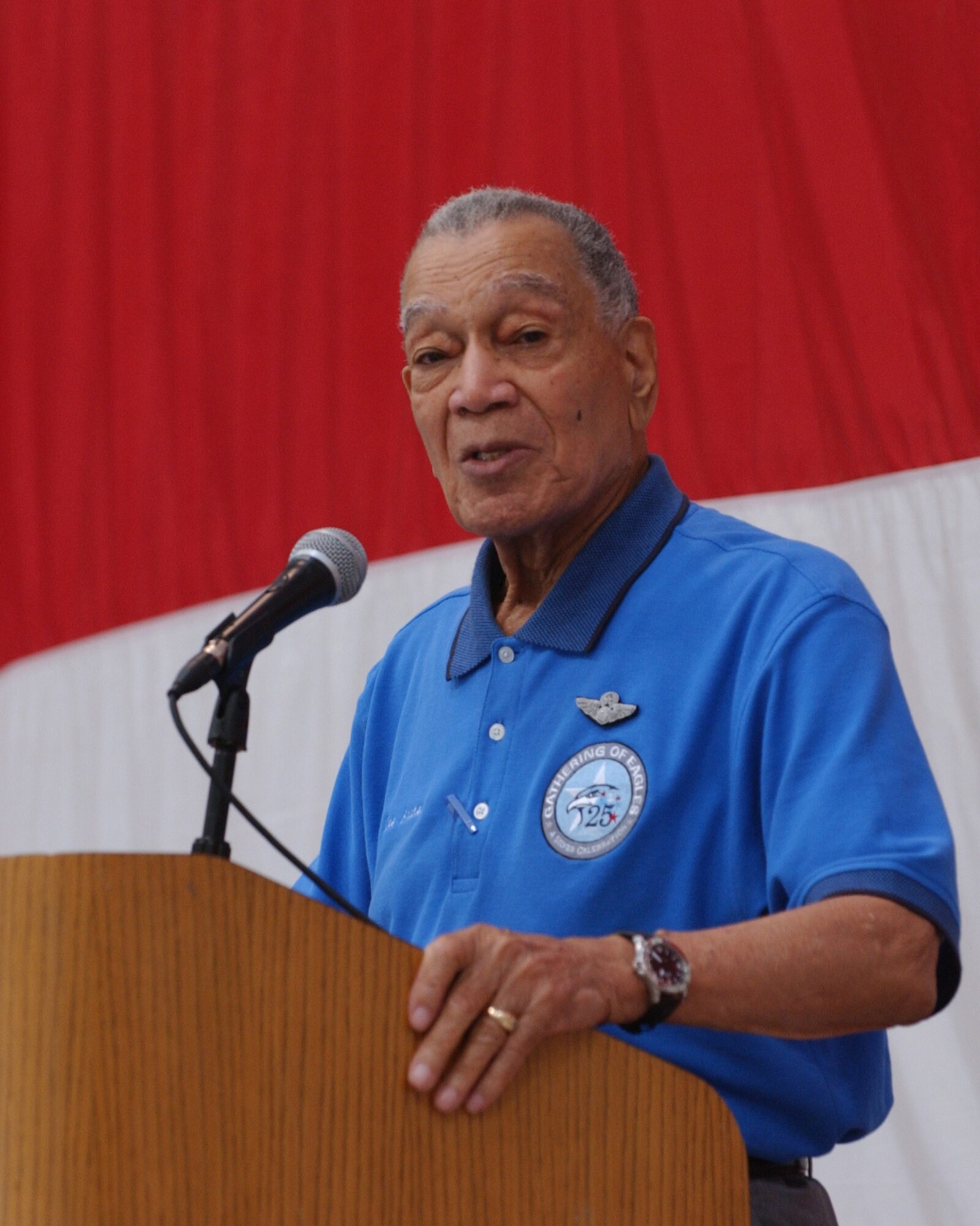 Lt. Col. Lee Archer was a speaker for the memorial airpark dedication luncheon. Colonel Archer remains the only confirmed ace of the Tuskegee Airmen. He flew 169 combat missions over more than 11 countries and scored at least five aerial victories. He retired as a lieutenant colonel after 29 years of service. (U.S. Air Force photo/Senior Airman Christopher Hummel)