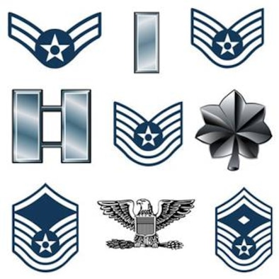 A sampling of officer and enlisted ranks in the United States Air Force