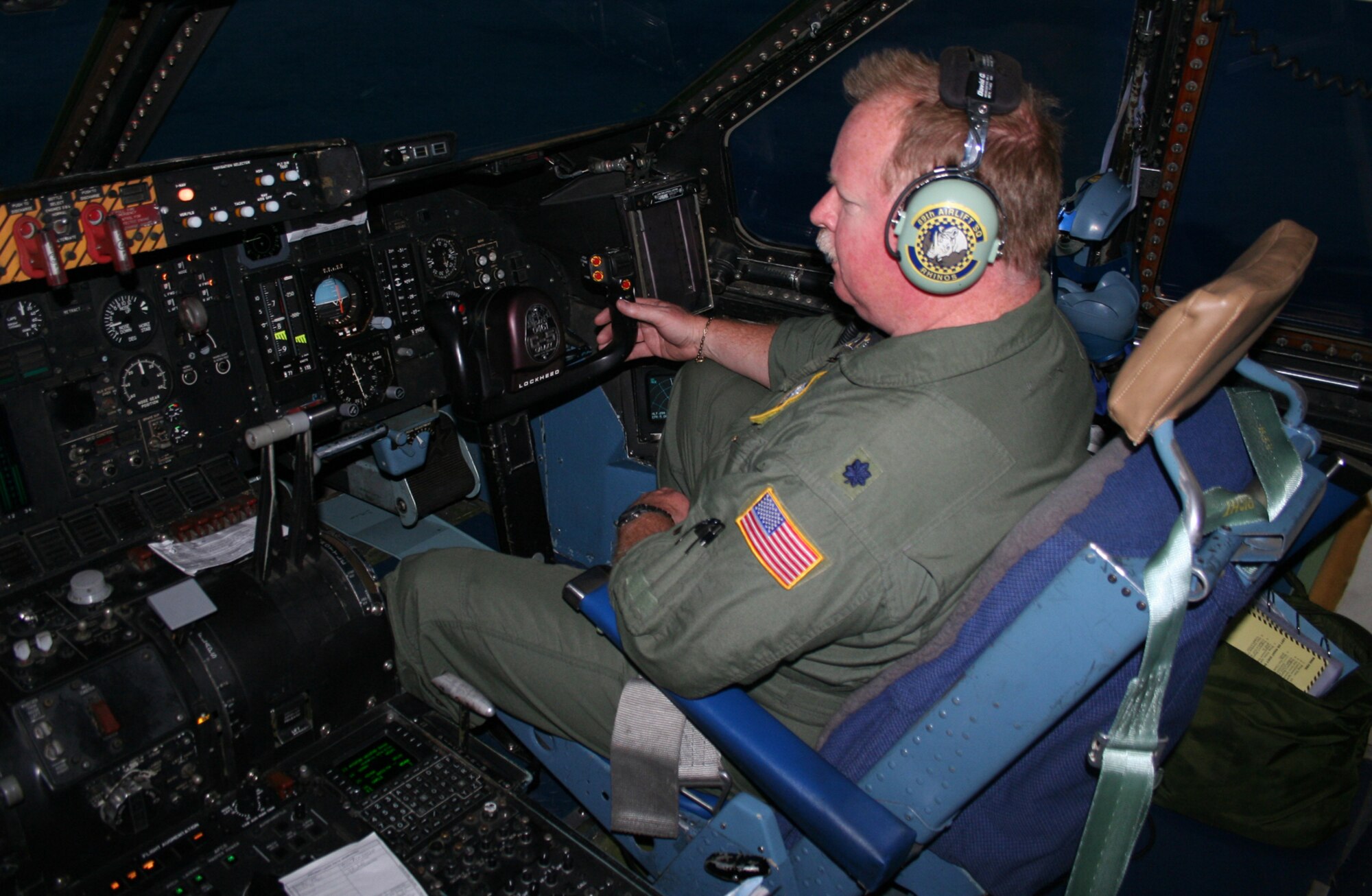 Lt. Col. Danny Webb, 89th Airlift Squadron, pilots a C-5A Galaxy to Ramstein AB, Germany, during the first overseas mission with the C-5 for Wright-Patterson AFB. Colonel Webb was one of five pilots to operate the aircraft during the four day mission. (U.S. Air Force Reserve photo by Senior Airman Martin Moleski.) 