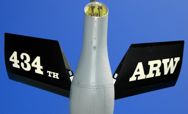 GRISSOM AIR RESERVE BASE, Ind -- The markings of the 434th Air Refueling Wing adorn the boom of a KC-135R Stratotanker.  The boom is used to transfer jet fuel from the KC-135R to receiver aircraft during mid-air refuelings. The 434th ARW is the largest KC-135R unit in the Air Force Reserve Command. (Photo by SrA. Jonathan Jones)