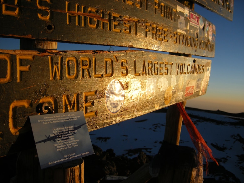 The Air Force team left a plaque on the summit, dedicated to the memory of the crew of Wrath 11 who died in an aircraft accident in Albania in March 2005. The plaque states, "May the mountains be a playground for their souls." (U.S. Air Force photo by Capt. Rob Marshal)
